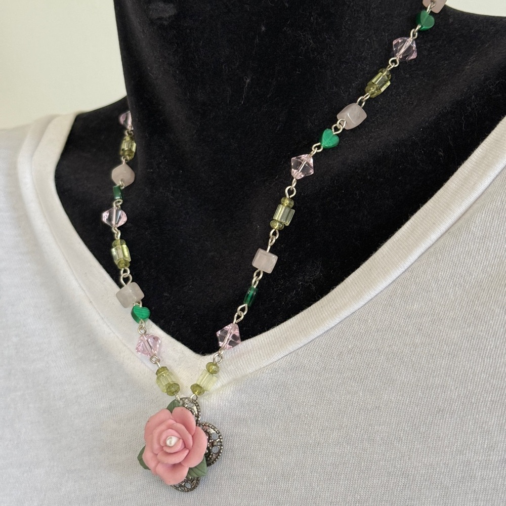 Pink Rose Pendant Choker Necklace with Pink and Green Beads